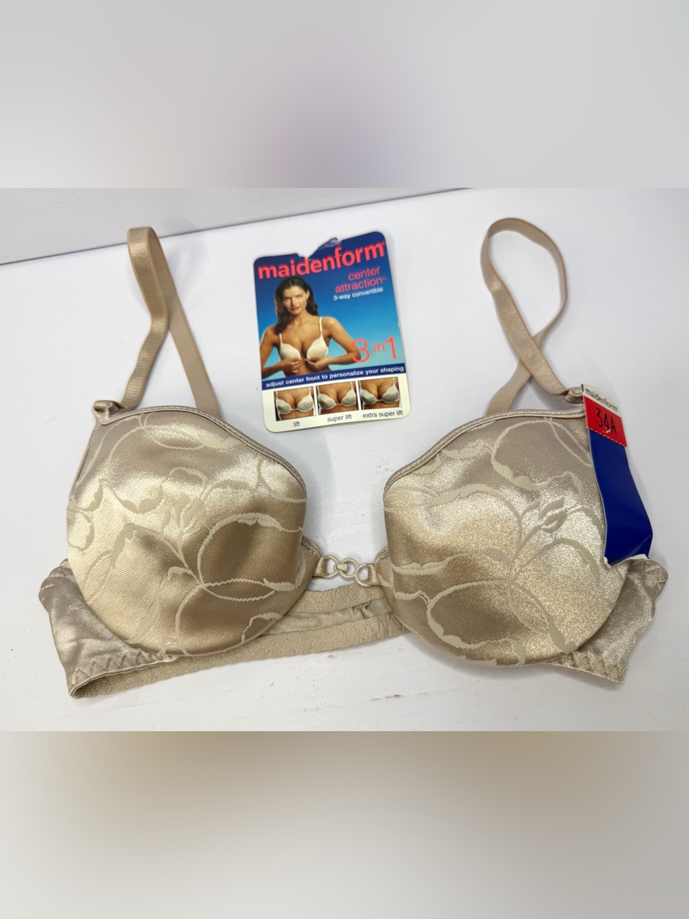 Maidenform Center Attraction 3 in 1 Convertible Push Up Bra 34A NWT Y2K Gold Sat